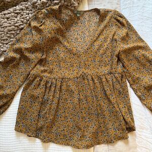 Good Luck Gem V-Neck Long Sleeve Babydoll Blouse, Size Large, Mustard Floral
